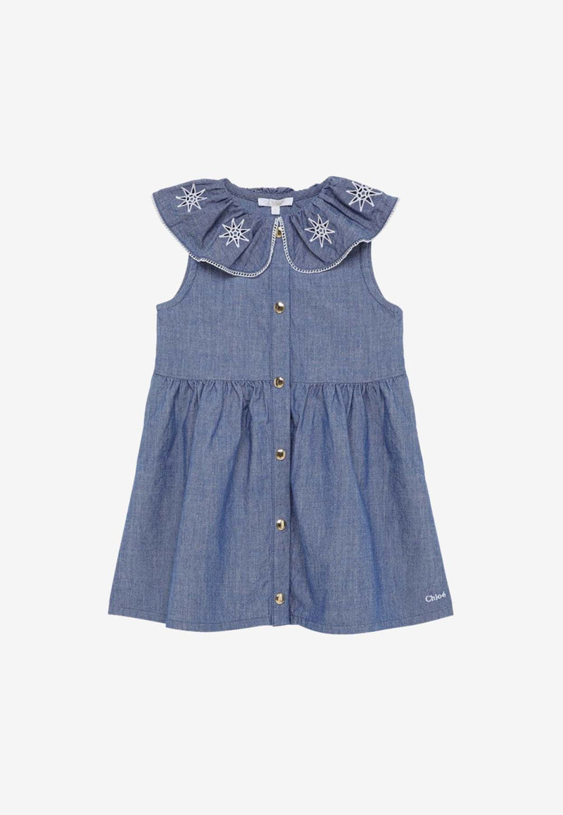 Chloé Kids Girls Embroidered Collar Denim Dress Blue CHC20006-ACO/O_CHLOE-Z77