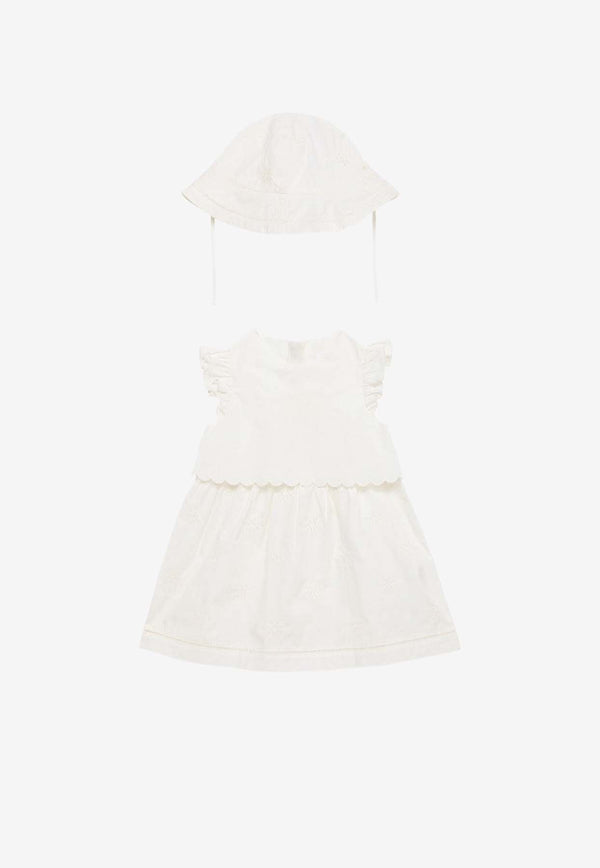 Chloé Kids Baby Girls Broderie Anglaise Dress and Hat Set White CHC20039-BCO/O_CHLOE-117