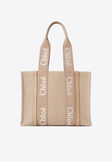 Chloé Woody Leather and Linen Tote Bag Beige CHC23AS383L1720E Boyish Brown