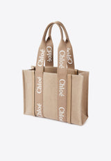 Chloé Woody Leather and Linen Tote Bag Beige CHC23AS383L1720E Boyish Brown