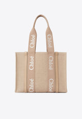 Chloé Woody Leather and Linen Tote Bag Beige CHC23AS383L1720E Boyish Brown