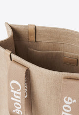 Chloé Woody Leather and Linen Tote Bag Beige CHC23AS383L1720E Boyish Brown