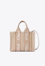 Chloé Small Woody Leather and Linen Tote Bag Beige CHC23AS397L1720E Boyish Brown