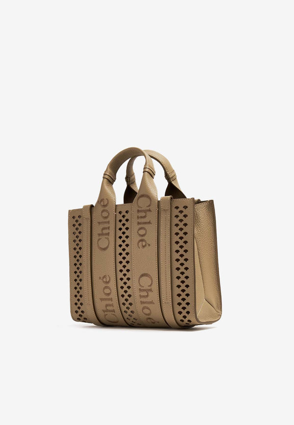 Chloé Small Woody Openwork Tote Bag in Leather CHC24US397M9320G ARGIL BROWN