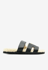 Chypre Sandals in Black Calfskin and Ecru Shearling