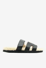 Hermès Chypre Sandals in Black Calfskin and Ecru Shearling CSBCESHER