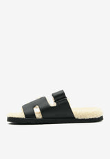 Chypre Sandals in Black Calfskin and Ecru Shearling