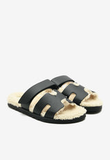 Chypre Sandals in Black Calfskin and Ecru Shearling