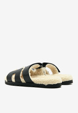 Chypre Sandals in Black Calfskin and Ecru Shearling