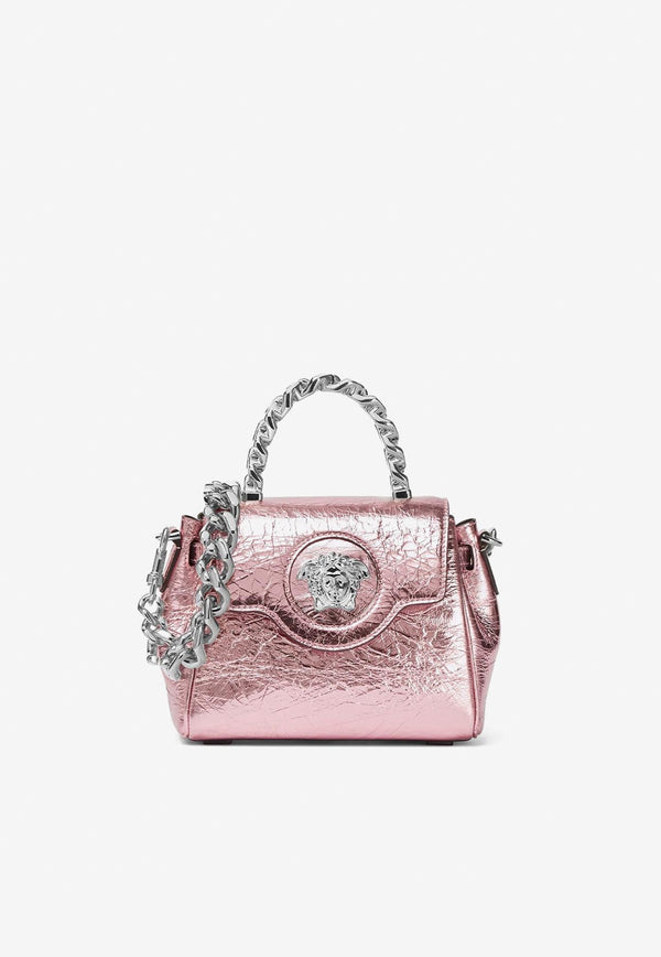 Versace Small Medusa Top Handle Bag in Metallic Leather DBFI040 1A08163 1PO6P Pink