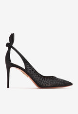 Aquazzura Bow Tie 105 Crystal Tulle Pointed-Toe Flats DCTMIDP0-STT000 BLACK