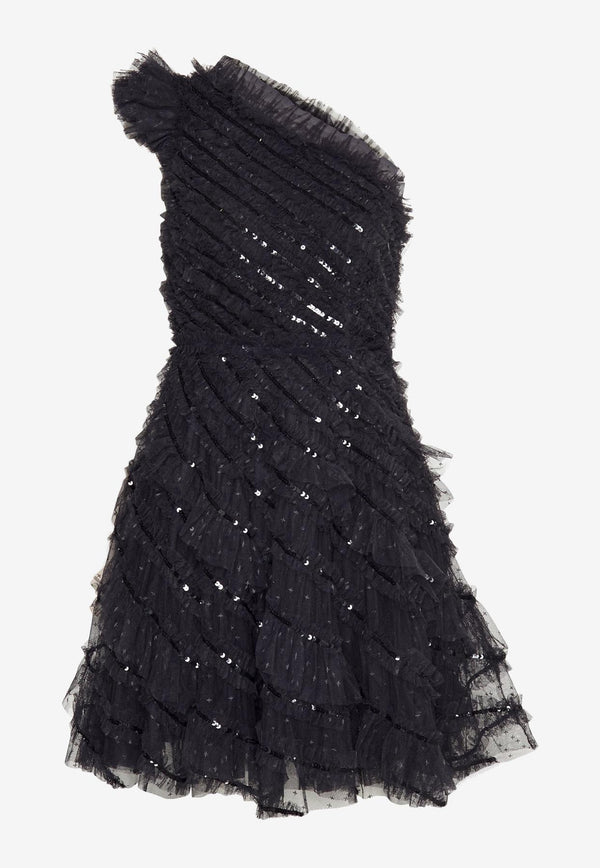 Needle & Thread Spiral Sequin One-Shoulder Mini Dress DS-ON-09-RCR24-GRTBLACK