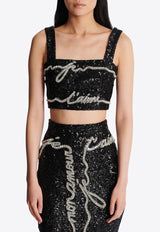 Balmain Love Letter Embroidery Cropped Top Black EF1AA385PC70_BLACK