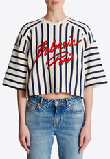 Balmain Striped Cropped Baseball T-shirt White EF1EE080BC95_MULTI COLO