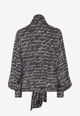 Balmain Love Letter Print Silk Blouse with Bow Black EF1HT020VH61_BLACK WHIT