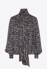 Balmain Love Letter Print Silk Blouse with Bow Black EF1HT020VH61_BLACK WHIT