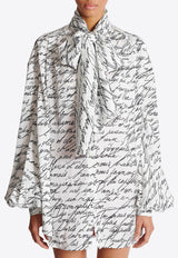 Balmain Love Letter Print Silk Blouse with Bow White EF1HT020VH61_WHITE MULT