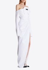 Balmain Shirt-Effect Off-Shoulder Poplin Maxi Dress White EF1RN215CB02_WHITE