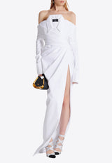 Balmain Shirt-Effect Off-Shoulder Poplin Maxi Dress White EF1RN215CB02_WHITE