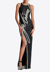 Balmain Love Letter Embroidered Sequined Gown Black EF1RO140PC70_BLACK WHIT