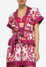 Dolce & Gabbana Majolica Print Silk Twill Belted Shirt Multicolor F5G67T HI1BF HE3TN