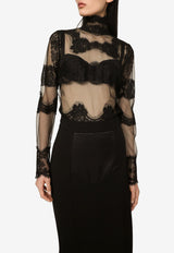 Dolce & Gabbana Tulle Turtleneck Top with Lace Inserts F760RZ HLM0U N0000 Black