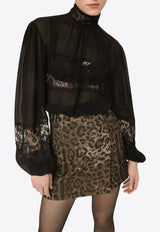 Dolce & Gabbana Georgette Lace-Trimmed Turtleneck Blouse Black F779LT FU1AR N0000