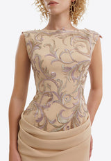 GEMY MAALOUF Embroidered Draped Gown Tan GMR26 7745LD_TAN