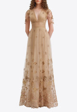 GEMY MAALOUF V-neck Embroidered Tulle Gown Gold GMR26 7754LD_GOLD