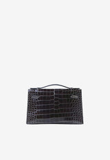 Kelly Pochette Clutch Bag in Graphite Shiny Alligator Leather with Gold Hardware