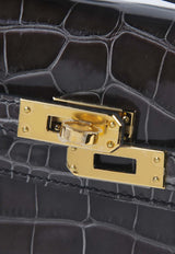 Kelly Pochette Clutch Bag in Graphite Shiny Alligator Leather with Gold Hardware