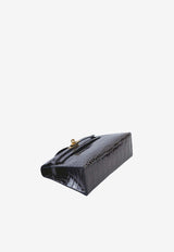 Kelly Pochette Clutch Bag in Graphite Shiny Alligator Leather with Gold Hardware