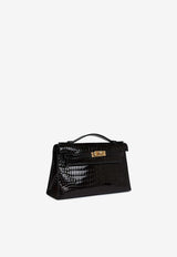 Kelly Pochette Clutch Bag in Black Shiny Porosus Crocodile with Gold Hardware