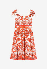 Dolce & Gabbana Kids Girls Majolica Print Gathered Dress Multicolor L54DT6 G7P4J IO3TN