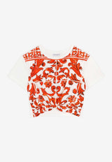Dolce & Gabbana Kids Girls Majolica Print Knotted Cropped T-shirt Multicolor L5JTPG G7P4M S9000