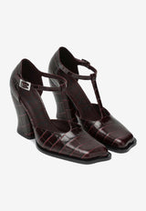 Loewe Onda 90 T-bar Pumps in Croc-Embossed Leather Burgundy LONDS01X07LE/R_LOEW-7110