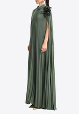 GEMY MAALOUF Pleated Kaftan with Feather-On-Shoulder Olive LOOK 19-GMCP26 7880KF_OLIVE