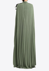 GEMY MAALOUF Pleated Kaftan with Feather-On-Shoulder Olive LOOK 19-GMCP26 7880KF_OLIVE