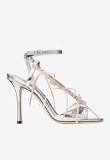 Jimmy Choo Lula 100 Metallic Leather Sandals with Velvet Bows Silver LULA 100 BQD SILVER/MACARON
