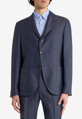 Etro Single-Breasted Linen Jacket with Chevron-Motif Blue MRCA0070-99TU3C9 B0037