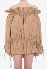 Saint Laurent Off-Shoulder Ruched Mini Dress Beige 820966-Y3K75-2560