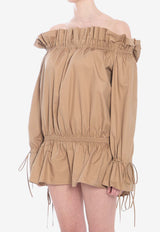 Saint Laurent Off-Shoulder Ruched Mini Dress Beige 820966-Y3K75-2560