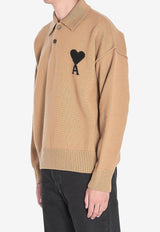 AMI PARIS Intarsia Knit Ami De Coeur Polo Sweater Camel UPL409-018-288