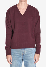 AMI PARIS Ami De Coeur V-neck Ribbed Sweater Bordeaux UKS820-KN0071-692