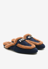 Oz Flat Mules in Marine Suede and Gold Shearling