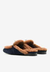 Oz Flat Mules in Marine Suede and Gold Shearling
