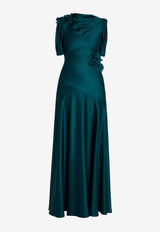 Erdem Floral Appliqué Satin Cady Draped Gown Teal PF25_G5_50253003_TEAL