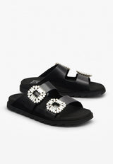 Roger Vivier Slidy Viv' Crystal Buckle Leather Mules RVW45818820BSSB999 B999 Black