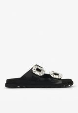 Roger Vivier Slidy Viv' Crystal Buckle Leather Mules RVW45818820BSSB999 B999 Black