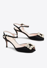 Roger Vivier 65 Flower Strass Diamond Buckle Satin Sandals Black RVW60730280RS0B999 NERO